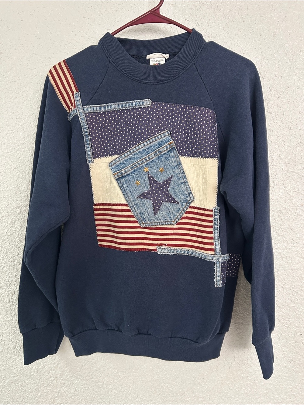 Vintage 90s Fruit of the Loom Navy Patchwork Star Crewneck Sweater